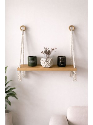Vobu Home & Life Design Makrome Askılı Masif Ahşap Duvar Rafı – Bohem, Minimal & Rustik Dekoratif Raf