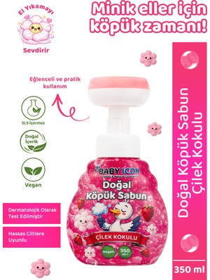 Baby Icon Doğal Çocuk Köpük El Sabunu 350 ml – Çilek Kokulu Vegan Parabensiz  Çiçek Şekilli Pembe Köpük