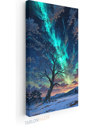 Tablonhazır Dikey Panaromik Kanvas Tablo Modern Duvar Tablosu Kar ve Kuzey Işıkları Yeni Ev Hediyesi