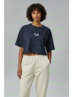 Softandbasic Kadın Nakışlı %100 Organik Pamuk Bisiklet Yaka Kısa Crop T-Shirt