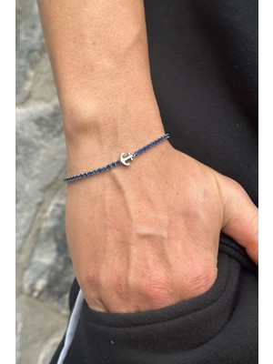 HERİF Erkek Lacivert Zirkon Taşlı Çapa Motif Çelik Bileklik