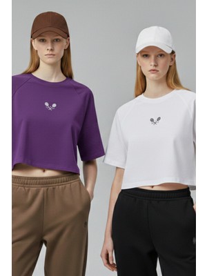 Softandbasic Kadın Nakışlı Regular %100 Organik Pamuk Yuvarlak Yaka Kısa Crop T-Shirt