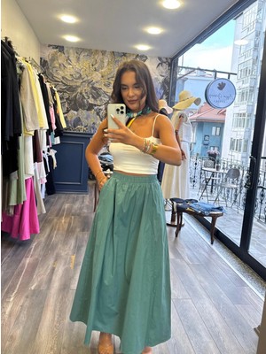 Beli Lastikli Cepli Pamuklu Kumaş Etek - Mint Yeşil