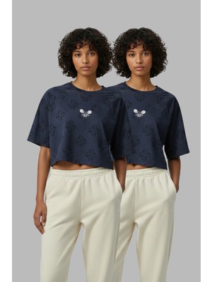 Softandbasic Kadın 2'li Nakışlı %100 Organik Pamuk Bisiklet Yaka Kısa Crop T-Shirt