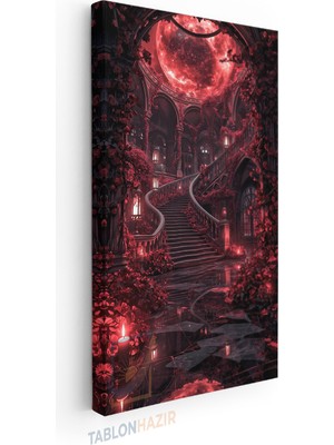 Tablonhazır Dikey Panaromik Kanvas Tablo Modern Duvar Tablosu Kırmızı Dolunay Çiçekler Yeni Ev Hediyesi