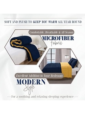 Storemax 3 Parça Ters Çevrilebilir Yorgan Seti, Dört Mevsim Rahat, Yumuşak Kuş Tüyü Alternatif, Kapitone - Kutu Dikişli - 4 Köşe Sekmeli Nevresim Takımı, Süslü Yorgan, Kral, Lacivert/sarı