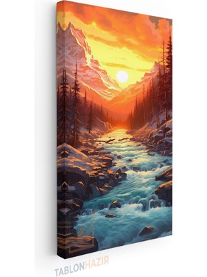 Tablonhazır Dikey Panaromik Kanvas Tablo Modern Duvar Tablosu Dağ ve Günbatımı Çizimi Yeni Ev Hediyesi