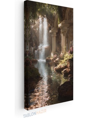Tablonhazır Dikey Panaromik Kanvas Tablo Modern Duvar Tablosu Şelale ve Tapınak Girişi Yeni Ev Hediyesi