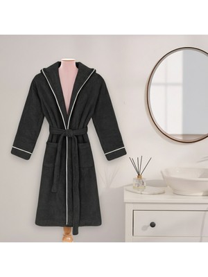 Layvera Erkek-Kadın Antrasit Bornoz | %100 Pamuk-Kapüşonlu-Biyeli-Cepli-Siyah