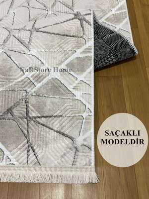 NarStore Home Dinar Saçaklı Mila Taş Gri Kaymaz Taban Yıkanabilir Kesme Yolluk Halı Modern Desen