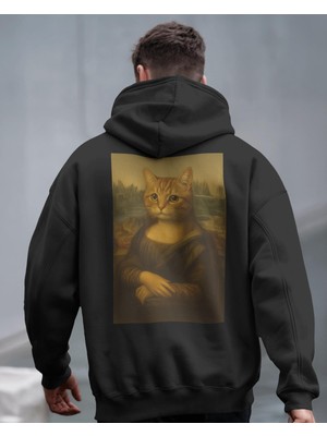 Muhtar Store Mona Lisa Kedi Tasarımlı Siyah Unisex Kapüşonlu Sweatshirt – Sanatsal & Retro Hoodie