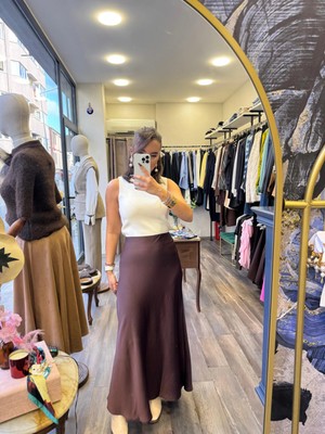 Saten Fermuarlı Maxi Boy Etek - Kahverengi
