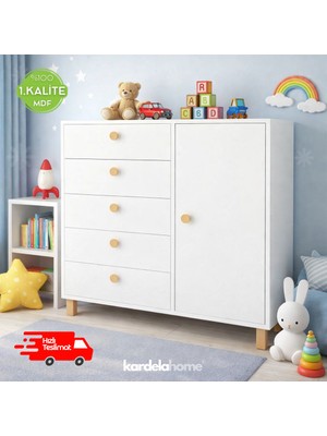 Kardela %100 Mdf Bebek Odası Çocuk Şifonyer 5 Çekmeceli Kapaklı Dolaplı 3 Raflı Şifonyer