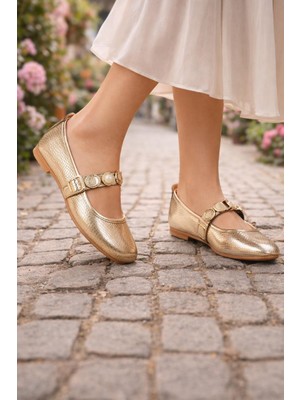 ModaOnn  Kadın Kroko Desen Altın Günlük Babet