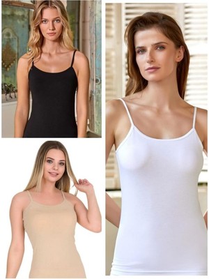 Kit Iç Giyim Berrak 2128 3'lü Siyah - Beyaz ve Ten Renkler Ince Askılı Kadın Atlet