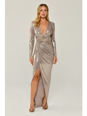 ALFABETA Kadın V Yaka Yırtmaçlı Uzun Kollu Bej Abiye & Mezuniyet Elbisesi AB5509-BEJ