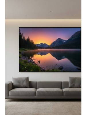 Safir Design Lüks Mor ve Turuncu Gün Batımı Gölü Duvar Sanatı | Modern Çerçeveli Tablo