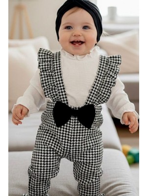 Cantoy Kız Bebek Kazayağı Desenli Fırfırlı Salopet Takım