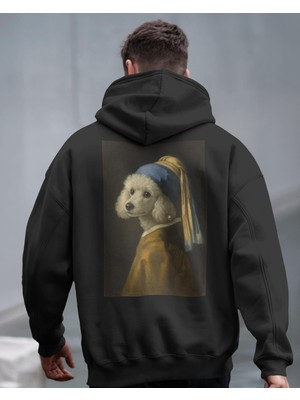 Muhtar Store Inci Küpeli Köpek Tasarımlı Siyah Unisex Kapüşonlu Sweatshirt – Sanatsal & Retro Hoodie