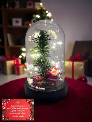 PremiumPort Büyük Boy Noel Baba ve Çam Ağacı Yılbaşı Süslü Peri LED Işıklı Fanus