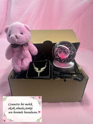 PremiumPort Sevimli Ayıcık ve Satürn Temalı 3D Işıklı Cam Küre Hediye