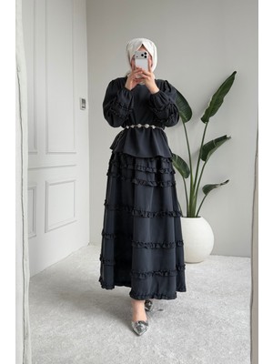 Tesettür Diyarı Rufel Tansel Kumaş Fırfırlı Tesettür Takım- Antrasit