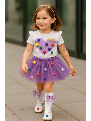 Savorzy Ponponlu Tshirt Tütü Etek Takım