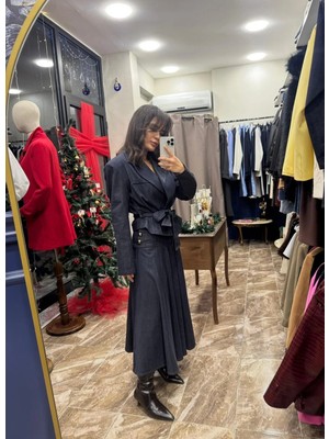 Gold Aksesuar Detay Fermuarlı Midi Kot Etek