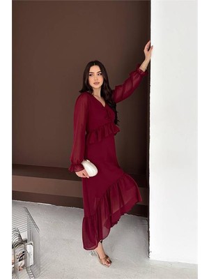 Neşeli Butik Kadın Bordo Fiyonk Detaylı V Yaka Volanlı Midi Boy Şifon Elbise