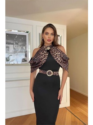 Neşeli Butik Kadın Omuz Detaylı Leopar Desen Toka Kemerli Midi Boy Elbise NBNC110095