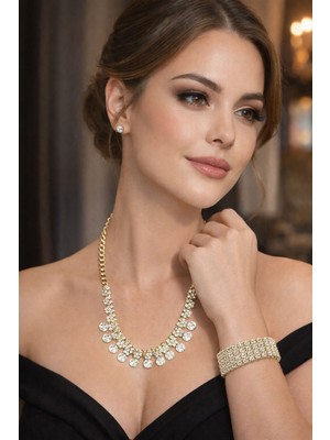 Mihres Taşlı Gold Renk Kolye Bileklik Seti Düğün Şık Abiye Özel Gün Set