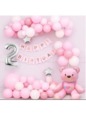 Sinda Oturan Pembe Ayıcık Iyi Ki Doğdun Doğum Günü Partisi Seti - Doğum Günü Konsepti - Pembe Ayıcık