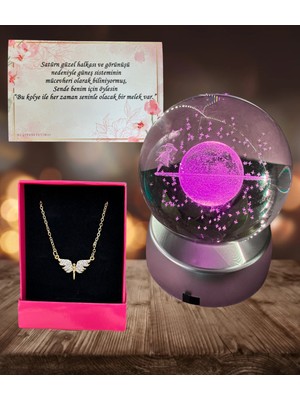 PremiumPort Renkli LED Işıklı Cam Satürn Kız Küre Dolunay Lamba Kristal Top Melek