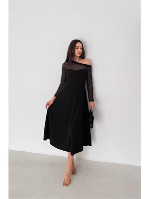 Neşeli Butik Kadın Siyah Transparan Detaylı Tek Omuz Uzun Kollu Midi Boy Elbise