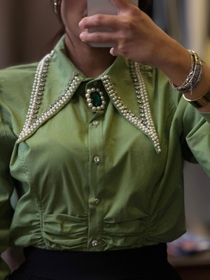 Özel Tasarım Taşlı Kadın Gömlek - Yeşil