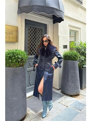 Neşeli Butik Kadın Yaka Çıkarılabilir Kürk Detaylı Düğmeli Deri Trençkot NBSTR1001