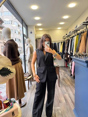 Pamuklu Kumaş Cep Detaylı Yelek/pantolon Alt Üst Takım - Siyah