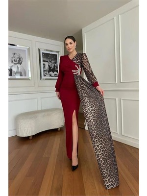 Neşeli Butik Kadın Leopar Detaylı Yırtmaçlı Abiye Elbise NBNC2509