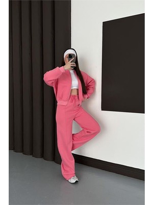 Neşeli Butik Kadın Pembe Fermuarlı 3 Iplik Eşofman Takımı NBESF01