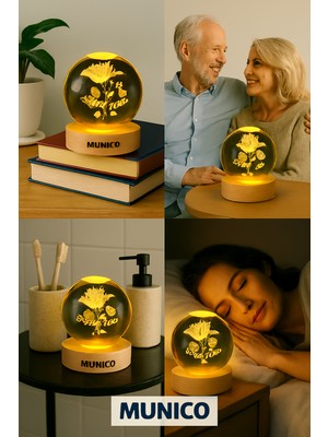 PremiumPort Işıklı Cam Küre Gül Figürlü Büyük Boy Ahşap Tabanlı Dekor