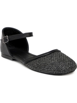 Tergan Siyah Deri - Tekstil Kadın Babet - K25Y1BB68079-A23