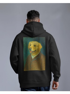 Muhtar Store Van Gogh Köpek Tasarımlı Siyah Unisex Kapüşonlu Sweatshirt – Sanatsal & Retro Hoodie
