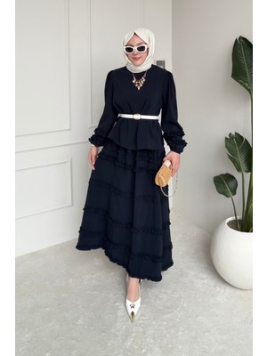 Tesettür Diyarı Rufel Tansel Kumaş Fırfırlı Tesettür Takım- Lacivert