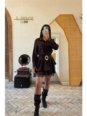 Neşeli Butik Kadın Kahverengi Gömlek Yaka Dantel Detaylı Kat Kat Mini Elbise NBMY3858