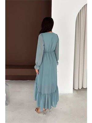 Neşeli Butik Kadın Mint Yeşili Fiyonk Detaylı V Yaka Volanlı Midi Boy Şifon Elbise