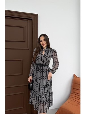 Neşeli Butik Kadın Gri Küçük Desenli Yaka Bağlama Detaylı Astarlı Şifon Günlük Elbise NBELB05