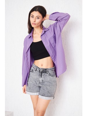 Comstar Kadın Cepli Trend Kollu Düğmeli Mor Tunik Gömlek
