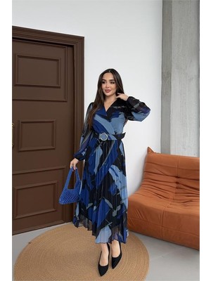 Neşeli Butik Kadın Mavi Beli Kemerli Piliseli Kruvaze Yaka Şifon Elbise NBELB03