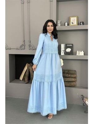 Neşeli Butik Kadın Bebe Mavi Atlas Kumaş Dantel Detaylı Elbise NBMS2517