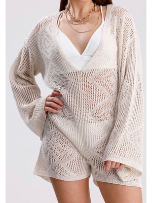 Yuga Knitting Kadın Plaj Elbisesi Ekru Ajurlu Baklava Desen Detaylı Uzun Kol Triko Örme